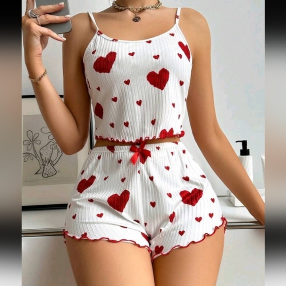 Heart Print Cami Top & Shorts Pajama Set White Set,All Products : American Fashion Style Bags On Sale
